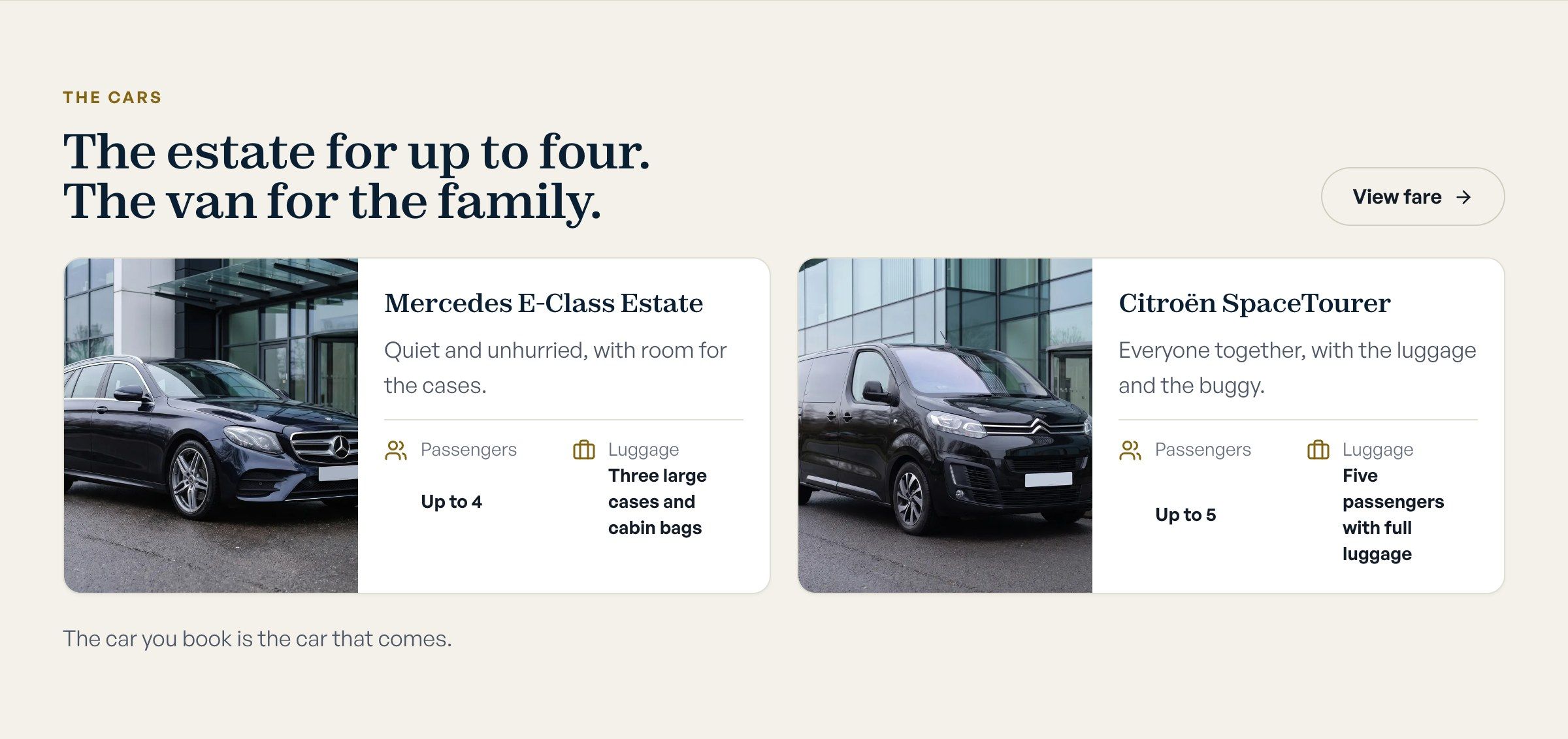 The two vehicles, a Mercedes E-Class Estate and a Citroën SpaceTourer, with passengers and luggage