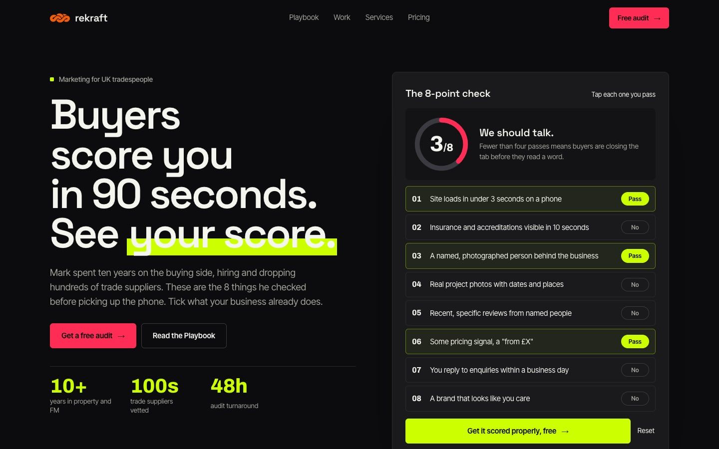 Rekraft Agency homepage, dark with electric lime type