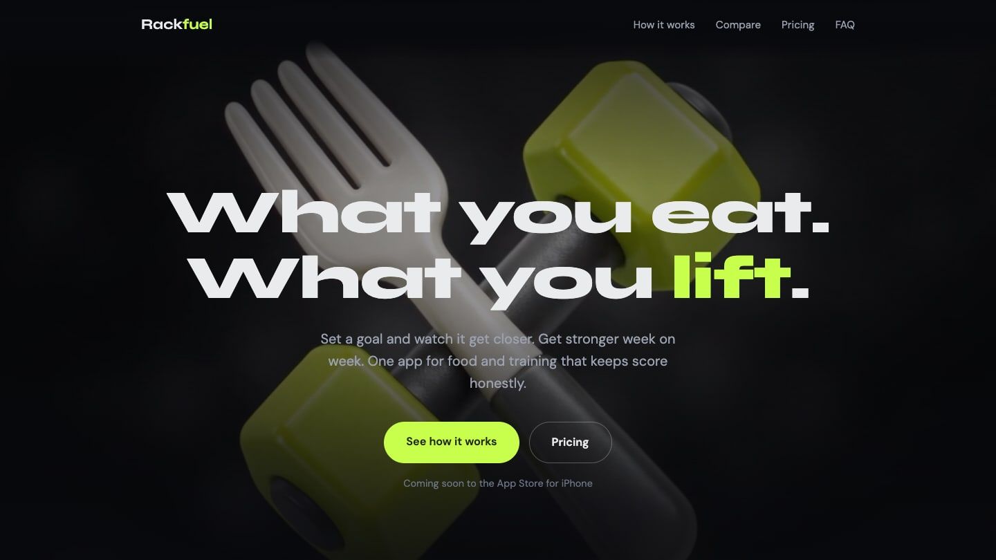 Rackfuel homepage, a fork and a kettlebell behind the line What you eat. What you lift.