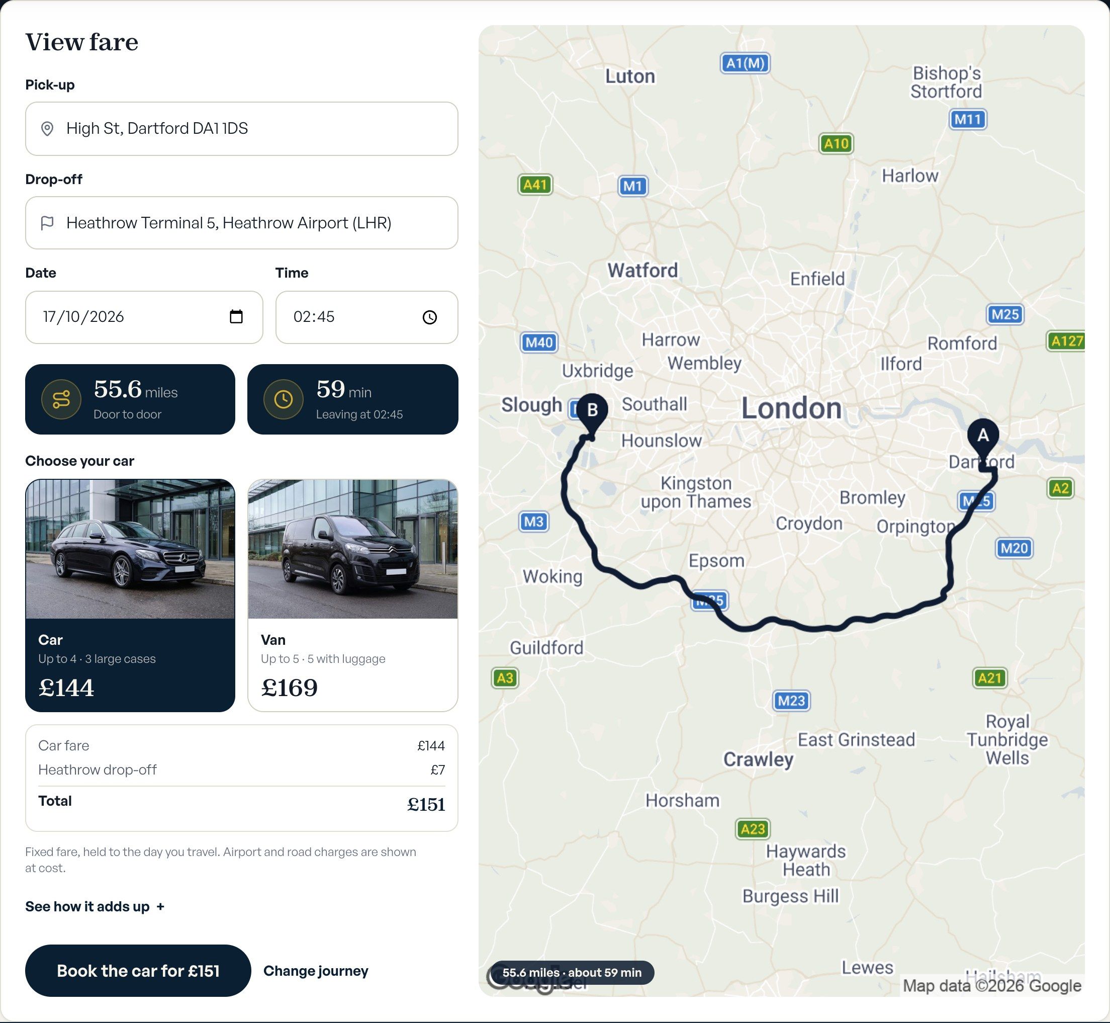 The fare calculator after a quote: Dartford to Heathrow Terminal 5, 55.6 miles, car £144 and van £169, the route drawn on the map