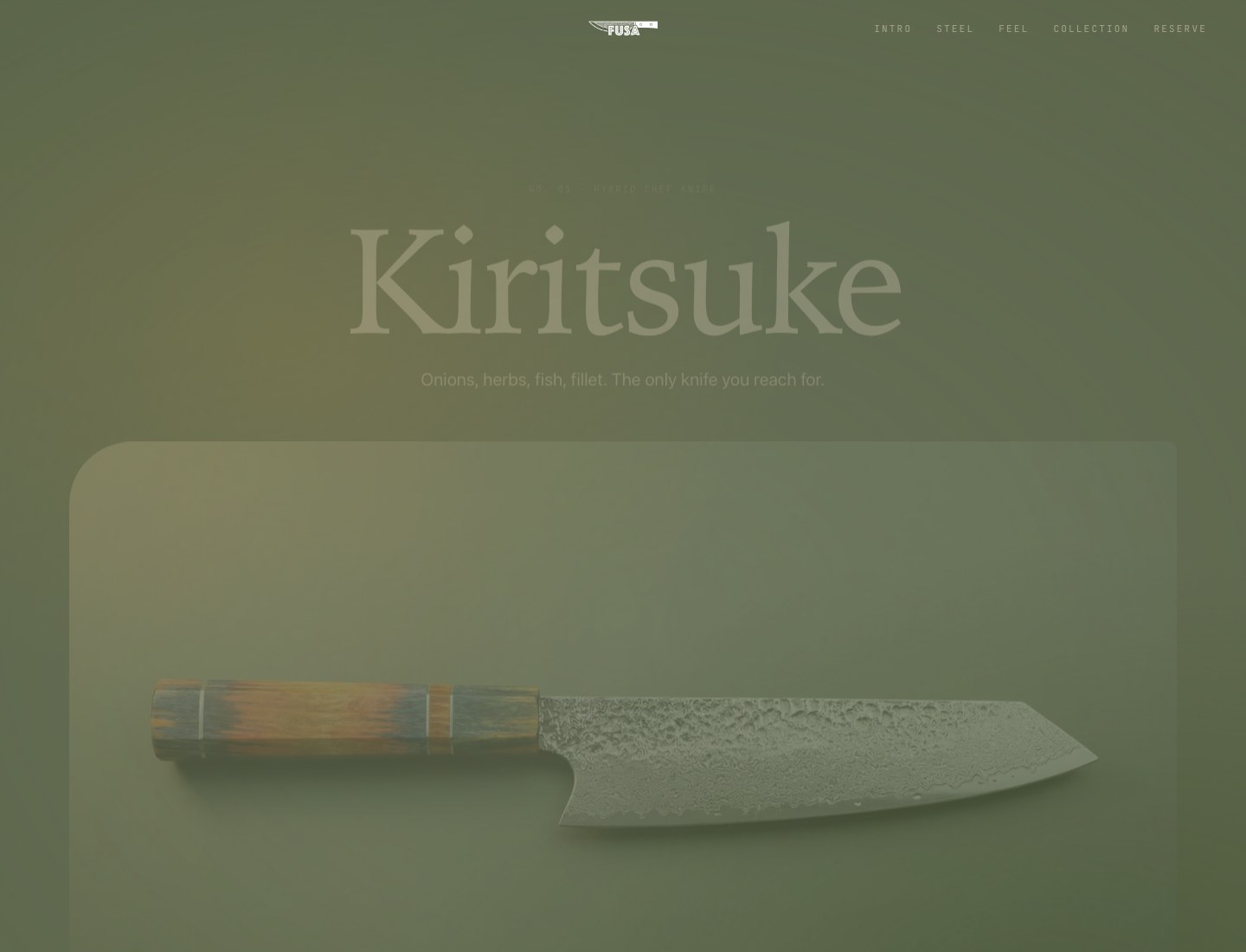 The Kiritsuke product page, single-product editorial layout with the knife full-bleed below the headline
