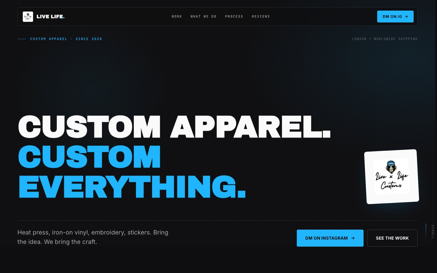 Live Life Customs homepage, off-black canvas with electric cyan headline and the chimp brand mark